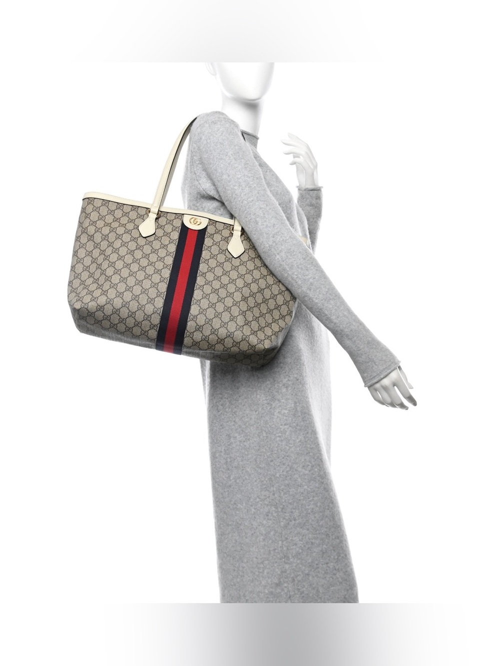 Gucci Ophidia GG Supreme Medium Web Tote Beige Canvas Ivory Leather Authentic - Picture 8 of 13